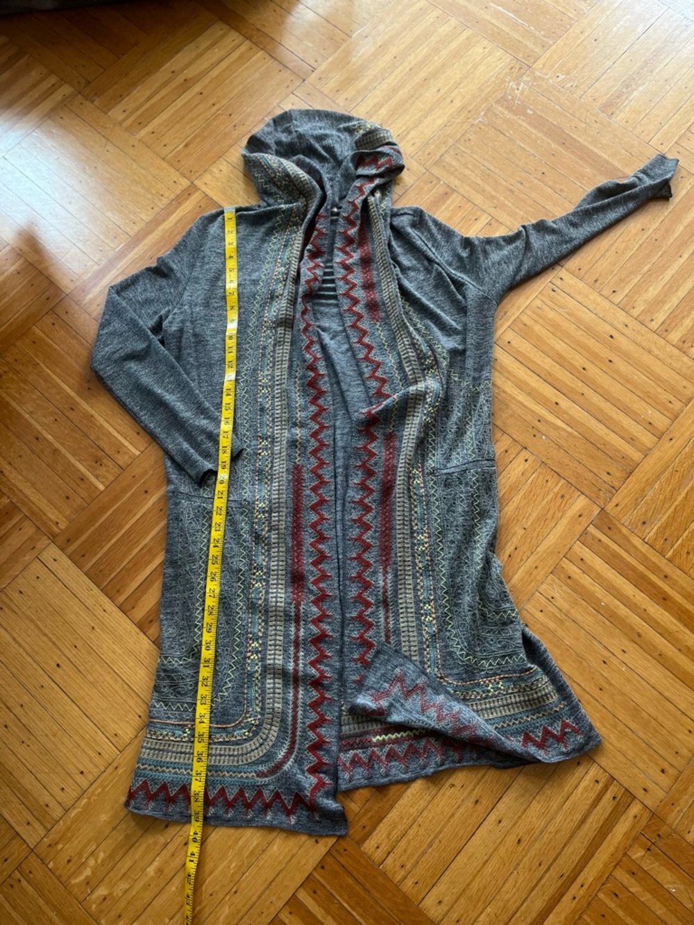 Freeway • Boho Hooded Heather Gray Open Cardigan with placket embroidery